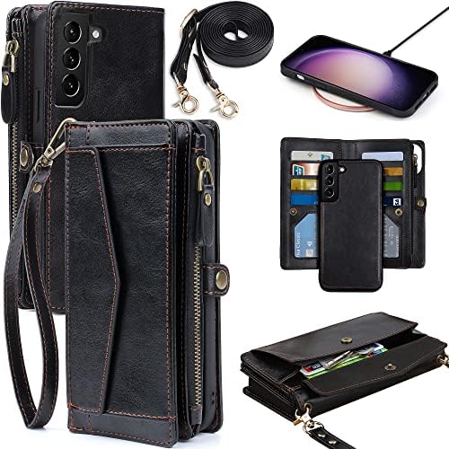 DKDKSIP за Samsung Galaxy S23 Plus/S23 + Чанта-портфейл за жени, [Безжична зареждане] [Блокиране на RFID] [Държач за 12 карти], Кожен калъф за телефон с подвижна магнитна каишка за Galaxy S23 Pl