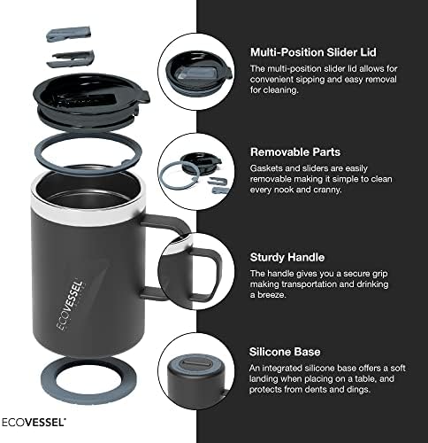Пътна чаша EcoVessel TRANSIT от неръждаема стомана / Кафеена чаша с плъзгащ се капак и ергономична дръжка, на