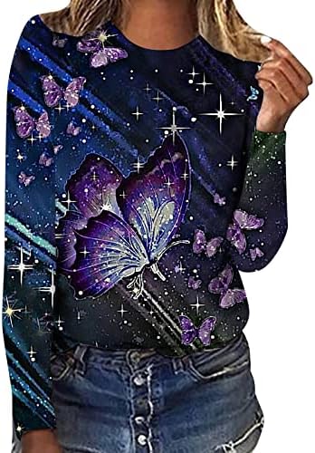 KCJGIKPOK Дамски Ризи с дълъг ръкав, Модна Тениска с кръгло деколте и Цветисти Принтом Пеперуди, Ежедневни Свободна