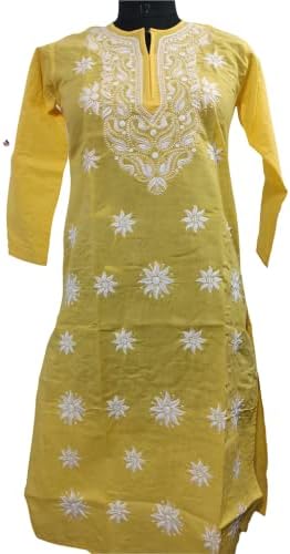 Дамско памучно рокля чиканкари кърт кашмирского дизайн с ръчно изработени kurti Женски памучни рокля (среден размер). Жълт