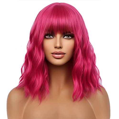 WTHCOS Ярко-Розова Перука Кратък къдрави коси Вълнообразни Перука с Бретон Розово-Червена Перука за Жени Червена