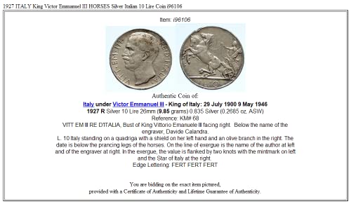 1927 IT 1927 Крал на ИТАЛИЯ Виктор Емануел III КОН AR Ita 10 Лири Добри незаверени