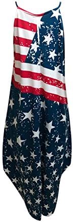 На 4 юли, Макси Рокли за Жени, Лятно Ежедневна Рокля в стил Бохо с Флага на САЩ, Без ръкав, С Кръгло деколте,