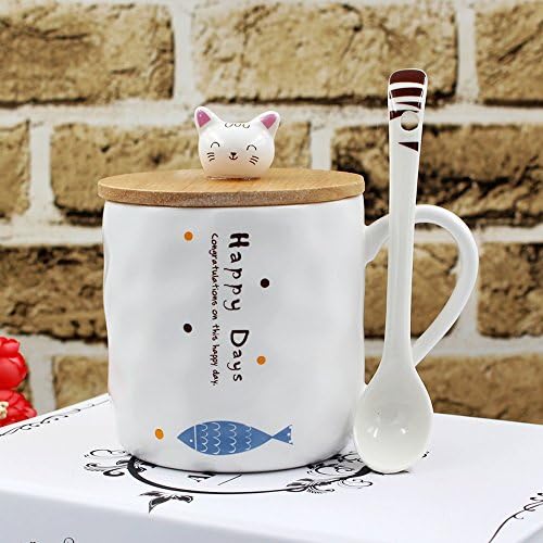 123Arts Керамични кафеена чаша с японски котка, чаена чаша с капак и лъжица