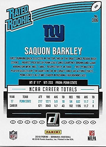 Саквон Баркли 2018 Donruss Отпечатаната карта начинаещ №306 с рейтинг Mint , на която е изобразен избор №2 на драфте NFL в синя фланелка на Ню Йорк Джайентс .