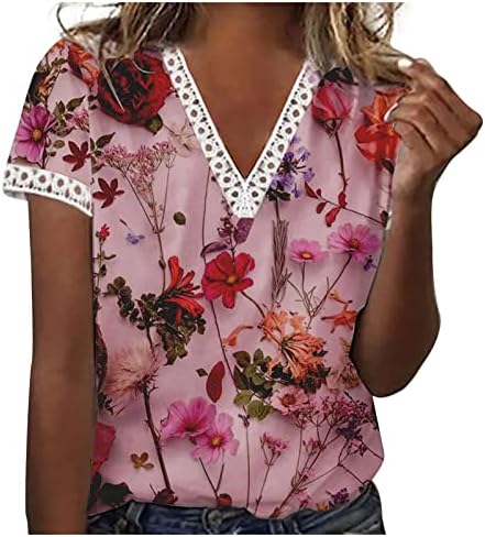 Блузи с Флорални Принтом за Жени, Тениски с V-образно деколте в стил Бохо, Лейси Вязаная на една Кука Декорация,
