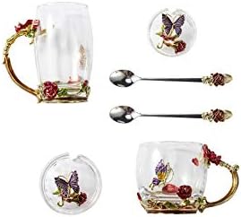 Чаена чаша с цветя, прозрачна стъклена чаена чаша (с лъжица + капак), необичайни чаени чаши, чаена чаша с цветя,