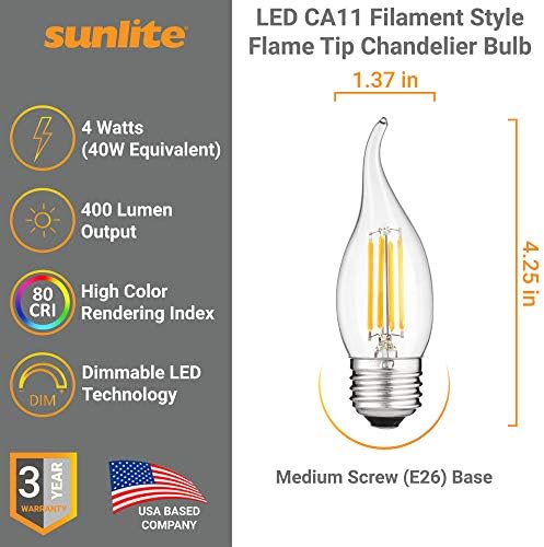Лампа за полилеи Sunlite 41075 с led конци CA11 Flame Съвет, 4 W (Еквивалент на 40 W), Среден Цокъл E26, Прозрачно