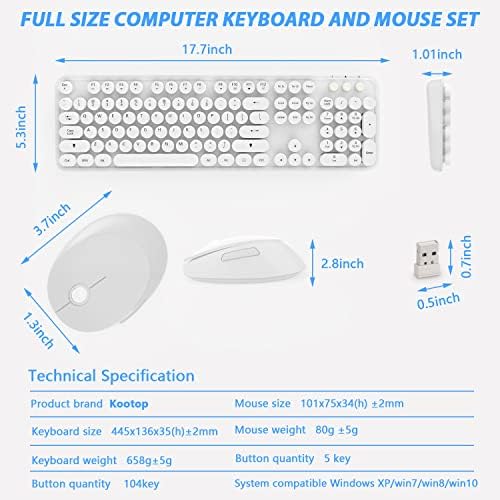 Комбинирана бяла Безжична клавиатура и мишка, Ретро пълен размер бяла безжична клавиатура с кръгли капачки за