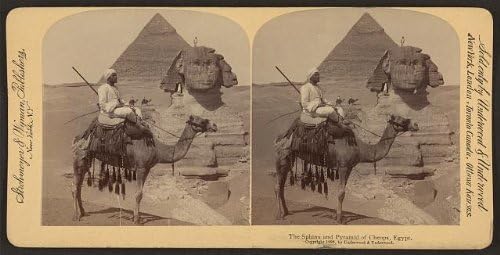 Снимка на исторически находки: Фотография стереографа, Сфинкса и пирамидата на Хеопс, Египет, Камили, 1896 г.,
