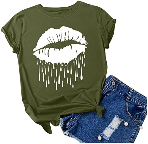 Тениска с графичен Дизайн Устни за Момичета Есен-Лято 2023, Къс Ръкав, през Цялата Силует, Без Приятелка, Секси