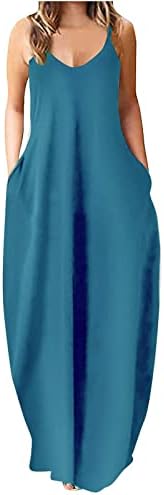 Жена Макси рокля ticcoy Без Ръкави с V-образно деколте, Свободни Ежедневни Дълги Рокли, Летен Хавайски Плаж