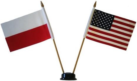 САЩ И ПОЛША POLSKA plain Мини-Малко Банер с двойно Флага на Страната с размер 4 X 6 Инча, с ЧЕРНА СТОЙКА за