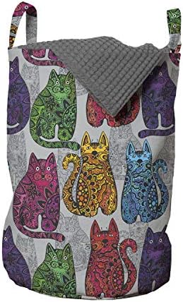 Чанта за дрехи Ambesonne Kittens, Забавен Декоративен Котка в цветния теми, Кошница за дрехи с дръжки и завязками