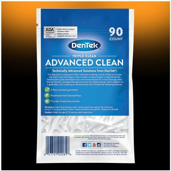 Клечки за зъби DenTek Triple Clean Advanced Clean, Не се разпадат и да не са смачкани, брой нишки 90, (опаковка