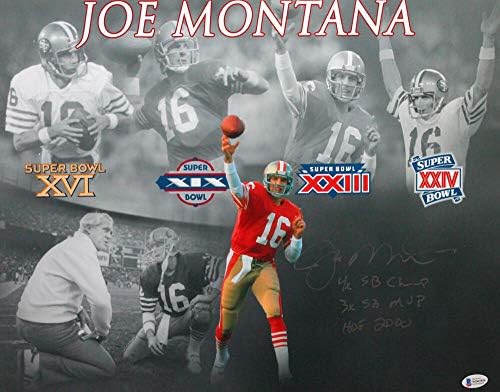 Джо Монтана с Автограф Сан Франциско 49ers 16x20 Снимка SB Печели Колаж с 3 Букви - Beckett Auth Silver