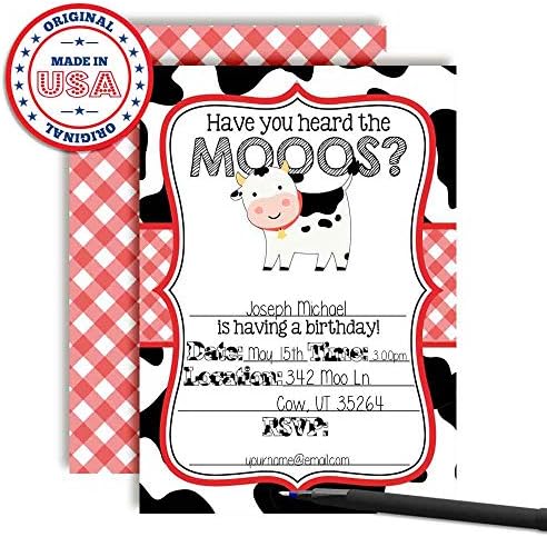 Покани за рожден Ден в стил червена Крава Heard the Moos за деца, 20 Картички с размер 5 x 7 инча с двадесет