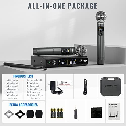 Безжичен Микрофон система Phenyx Pro, Метален Комплект Безжични микрофони с калъф, Преносими Безжични Динамични