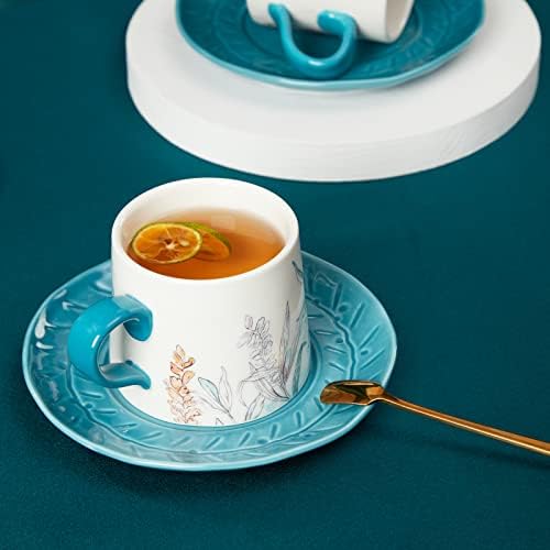 Набор от Кафе чаши и блюдец, Чаши за Кафе обем 6,8 унции / 200 мл Чаена чаша ръчна изработка със синя Глазура
