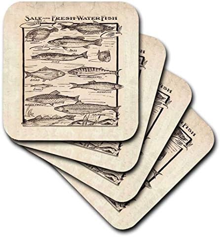 3dRose CST_58490_3 Антични таблицата на Каботажните за риба прясна и морска керамични плочки (комплект от 4