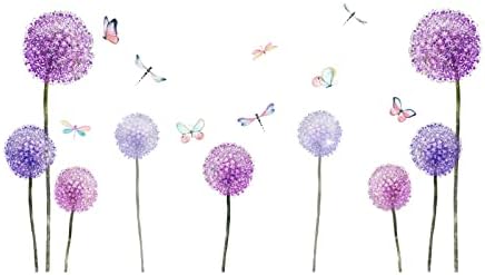 Стенни Стикери с Растение Глухарче, Летящи Лилави Цветя, Пеперуди, Стикери за Стена, Подвижни Фолио, Винил Живопис