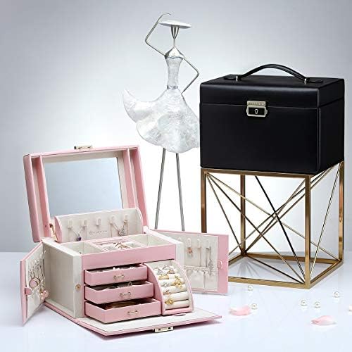 Vlando Women Jewelry Box Organizer - Голяма Кожена Кутия За съхранение на Бижута с Огледален брава, 3 Чекмеджета,