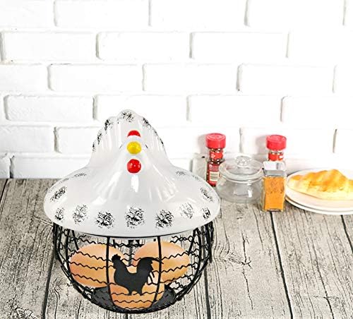 НАЧАЛО-X Кошница за съхранение на яйцата, Декоративна Кошница от керамика и желязо с шарени Пилешко, Интериор