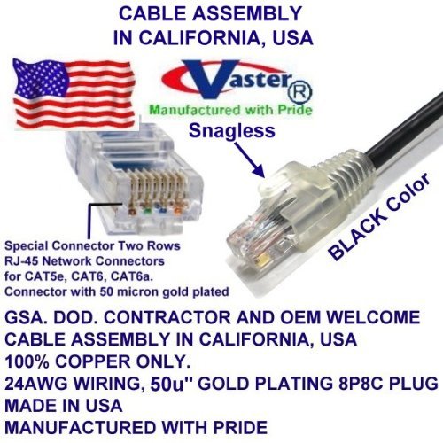 Произведено в САЩ, (11 Фута), Свързващ кабел Cat5e Ethernet - Мрежов кабел за компютър, RJ-45 - Черен