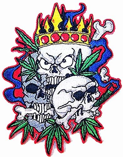 Глава-Череп в Кралската корона с Листа на марихуана - Новост, Бродирана нашивка на байкерской яке - Прогладьте
