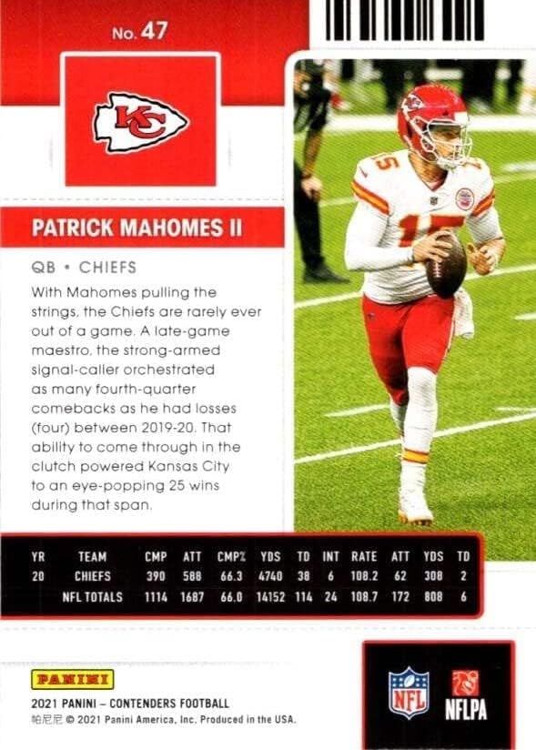 Абонамент Панини Contenders на 2021 година №47 Патрик Магомес II Официален футболен билет NFL Kansas City Chiefs