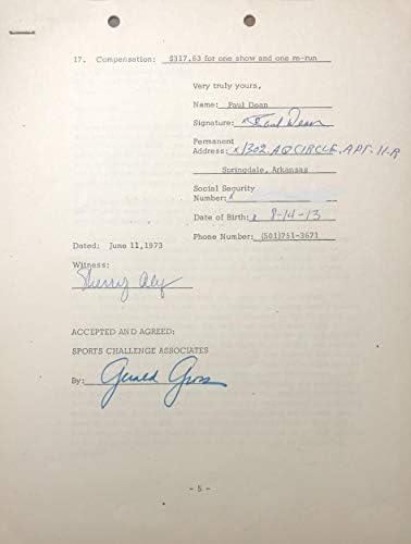 Договор с автограф Пол Дина (JSA) - MLB Изрязани подпис