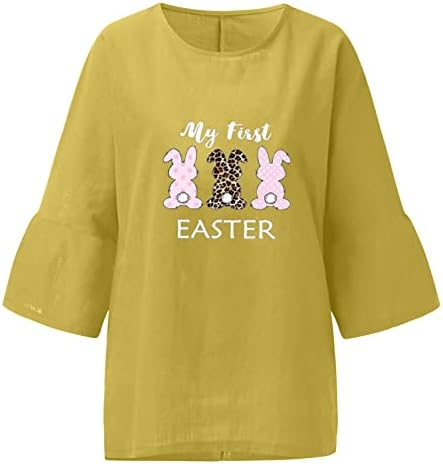 Дамски Великден Риза с 3/4 ръкав, Сладки Заешки Яйца, Графичен Буквално Принт, Свободна Блуза с Кръгло деколте,