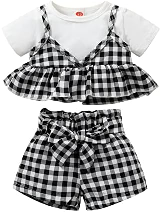 Xbgqasu/ Върхове в клетка с къс ръкав и набори за малки момичета, Тениска с принтом, Панталони с лък, Спортно облекло за деца (Бял, 3-6 месеца)