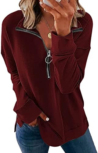 IIUS 1/4 Hoody с цип, Дамски Пуловер на една Четвърт от мълния, Блузи, Свободен Пуловер с V-образно деколте