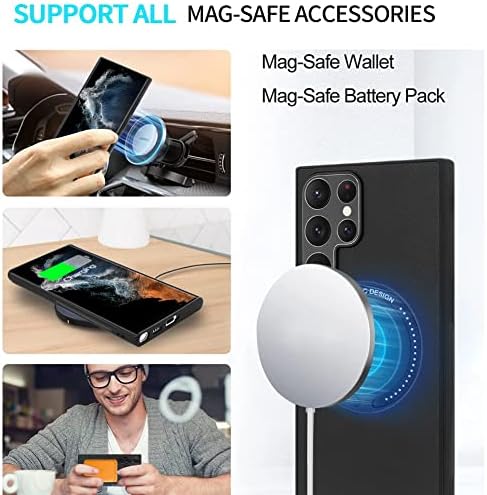pmxlfo е Съвместим с Samsung Galaxy S22 Ultra Magnetic Case със защитно фолио за екрана, [Съвместим с Magsafe] Луксозна Кожена Задната Метална Леща Лека Броня от TPU, устойчив на удари Защите?