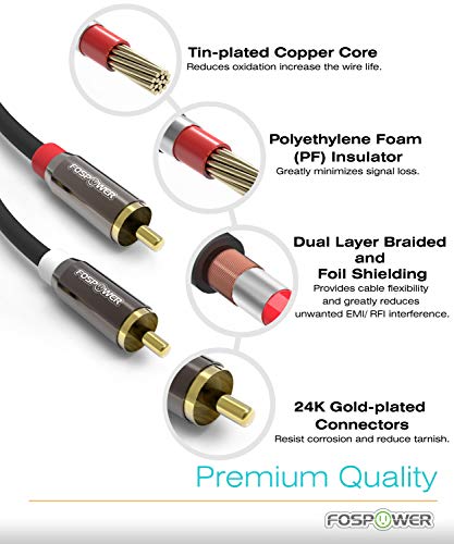 FosPower (6 фута 2 RCA M/ M Стерео аудио кабел [24-КАРАТОВО Златно покритие | медно жило] 2RCA Мъжки към 2RCA штекеру [Ляво / дясно] Жак premium качество на звука
