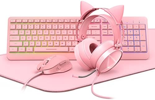 Розова клавиатура и мишка, Комбинирани слушалки с кошачьими уши и подложка за мишка (35x15 инча), Игра на мишката